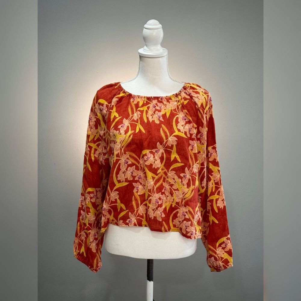 Orange Rachel Zoe Floral Peasant Style L/S Linen Blouse Size S EUC